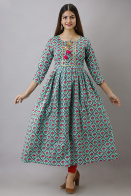 GLAM ROOTS Women Printed Flared Kurta(Light Blue)