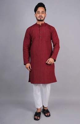Latest Chikan Men Striped Straight Kurta(Maroon)