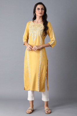 W Women Printed Straight Kurta(Gold)