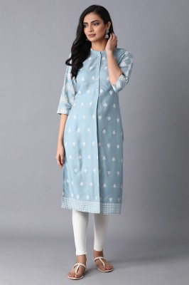 W Women Floral Print Straight Kurta(Light Blue)