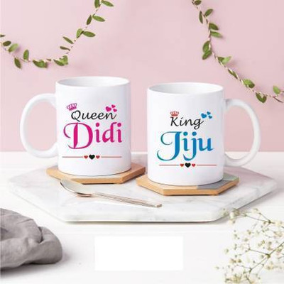 JAIPURART King Jiju Queen Didi Couple Ceramic Coffee MUG Set of 2 (325ml) Ceramic Coffee (325 ml, Pack of 2) Ceramic Coffee Mug(325 ml)