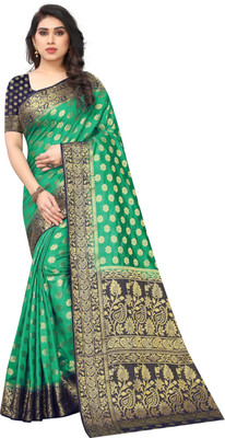 FINE WEAR Woven Banarasi Cotton Silk Saree(Green)
