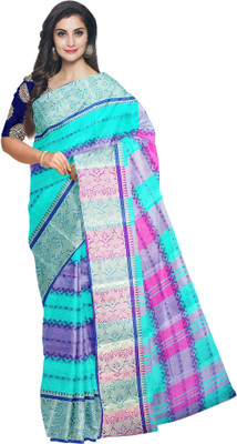 Handloom Bazaar Checkered Tant Pure Cotton Saree(Light Blue, Pink)