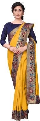 ALLIOOP Ombre, Temple Border, Woven, Animal Print Chanderi Art Silk Saree(Yellow)