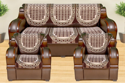 Azotica Cotton 3+2 Seater Sofa Geometric Cover(Pack of 6 Brown)