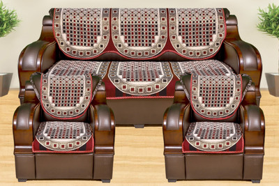 Azotica Cotton 3+2 Seater Sofa Geometric Cover(Pack of 6 Maroon)