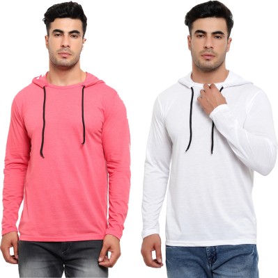 Jaskart Solid Men Hooded Neck White, Pink T-Shirt