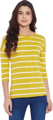 HYPERNATION Striped Women Round Neck White, Yellow T-Shirt