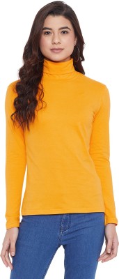 HYPERNATION Solid Women High Neck Yellow T-Shirt