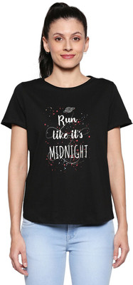 PEOPLE Typography Women Round Neck Black T-Shirt