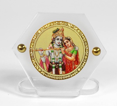 Eknoor Car Dashboard Idol- Goldplated Hexa- Radha Krishna with japa mala (Prayer Beads) Decorative Showpiece  -  8 cm(Gold Plated, Multicolor)