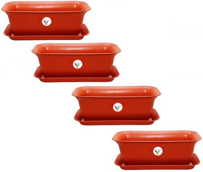 VINSHRA Window Rectangular Planter with Bottom Tray Set (20-inch, Red, Pack of 4 Sets) Potter Plant Container Set(Pack of 4, Plastic)