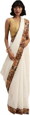 Saadhvi Solid/Plain Bollywood Cotton Blend Saree(White)