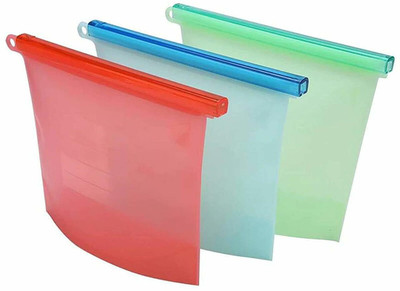 DIVINE HUB Silicone Reusable Storage Container Preservation Leakproof Ziplock Bag for Food, Snack, Vegetable, Meat for Fridge and Microwave (1000 ml) Size Large - Pack of 3 Silicone Storage Pouch(Pack of 3)