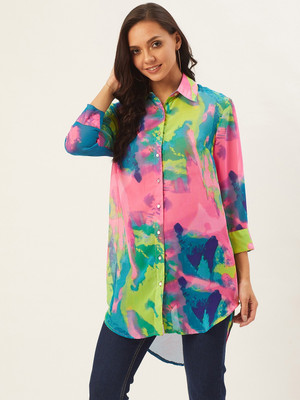 ANVI Be Yourself Casual Roll-up Sleeve Tie & Dye Women Multicolor Top