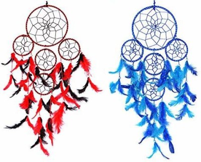 Dream Catcher 5 Rounds Blue and Red Black Dream Catcher Combo (Pack of 2) Wall Hanging for Positive Energy and Protection (Big Size 55cm) - for Home/Office/Shop/Rooms Steel, Feather Dream Catcher(6 inch, Red, Black, Blue)