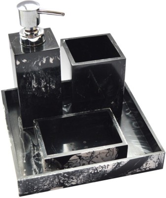 Tranquil Square Bathroom Accessory Set | Black Marble Design Soap Holder, Dispenser, Tumbler and Tray Set of 4 PP (Polypropylene) Bathroom Set(Pack of 4)