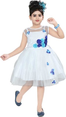 Clobay Girls Midi/Knee Length Party Dress(White, Sleeveless)