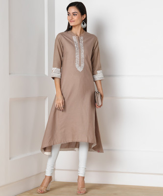 BIBA Women Solid High Low Kurta(Beige)