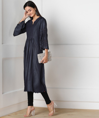 BIBA Women Self Design Flared Kurta(Blue)