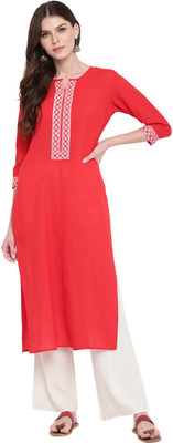 VBUYZ Women Embroidered Straight Kurta(Red)