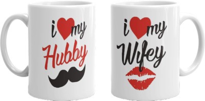 GiftByStyle I Love My Wifey Hubby Printed Couple Coffee Tea Cup Gift for Husband, Wife Birthday, Anniversary, Valentine Gifts For Girlfriend Ceramic Coffee Mug(330 ml, Pack of 2)