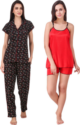 KEOTI Women Printed Red, Black Shirt & Pyjama set
