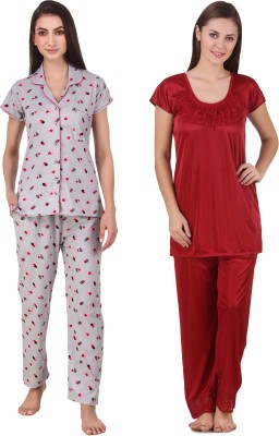 KEOTI Women Printed Maroon Shirt & Pyjama set
