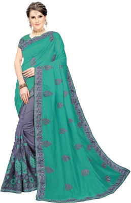 Trijal Fab Embroidered Bollywood Silk Blend Saree(Green, Grey)