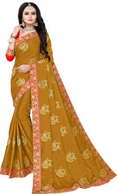 BHAKTI BHUSHAN CREATION Embroidered Bollywood Silk Blend, Polyester Saree(Mustard)
