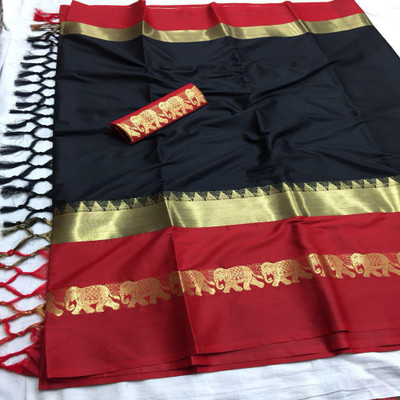 Aahirat Woven Kanjivaram Cotton Silk Saree(Black)