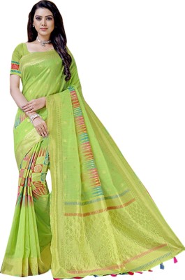 Ishin Woven Bollywood Pure Cotton Saree(Green)