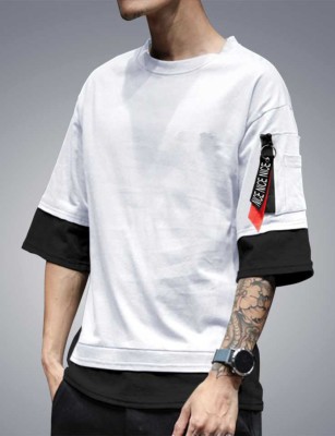 Try This Color Block Men Round Neck White T-Shirt