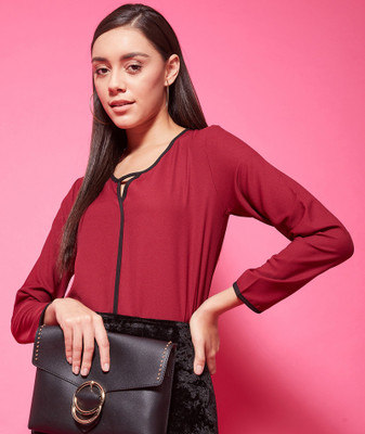 Chimpaaanzee Casual 3/4 Sleeve Solid Women Maroon Top