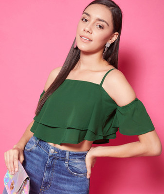 Chimpaaanzee Casual Short Sleeve Solid Women Green Top