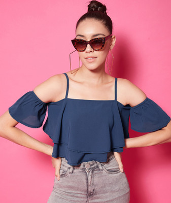 Chimpaaanzee Casual Short Sleeve Solid Women Dark Blue Top