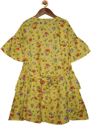 KiddoPanti Girls Midi/Knee Length Casual Dress(Yellow, 3/4 Sleeve)