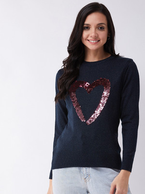 Modeve Printed Round Neck Casual Women Dark Blue Sweater