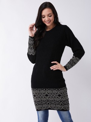 MODEVE Self Design Round Neck Casual Women Black Sweater