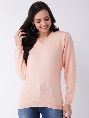 Modeve Solid V Neck Casual Women Pink Sweater