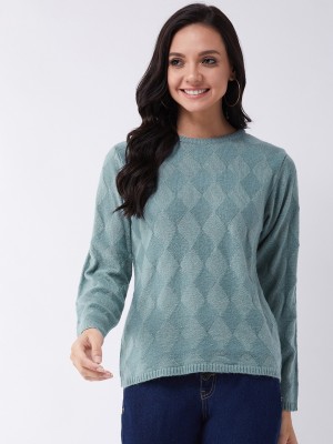 Modeve Printed Round Neck Casual Women Blue Sweater