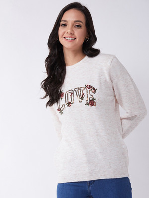 Modeve Printed Round Neck Casual Women White Sweater