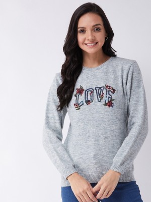 Modeve Printed Round Neck Casual Women Grey Sweater