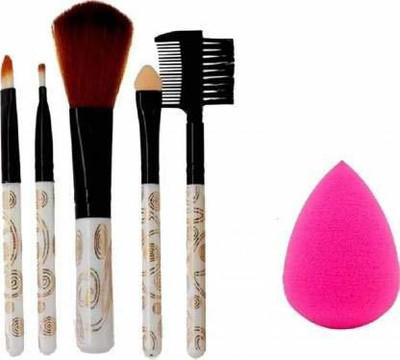 AVEU Makeup Brush Set, 5pc with Makeup Blender Puff Combo (Multicolour), 6 Items in The Set(6 Items in the set)