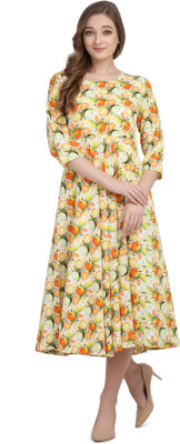 prabhas Women A-line Yellow Midi/Calf Length Dress