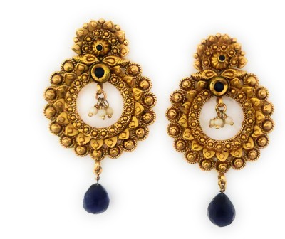 Preet Art Jewellery Antique gold plated oxidised blue stones beads chandbali earrings. Copper, Glass Chandbali Earring