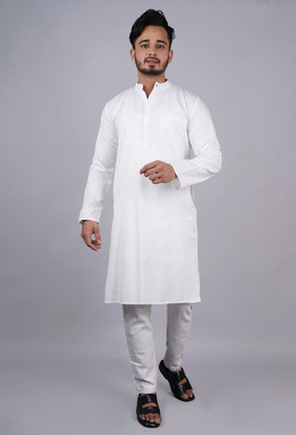 Latest Plus Men Self Design Straight Kurta(White)