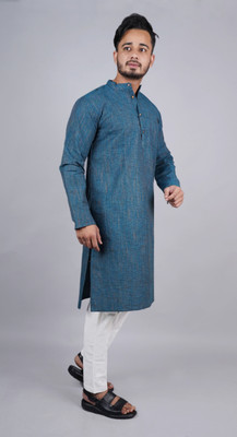 Latest Plus Men Printed, Self Design Straight Kurta(Blue)