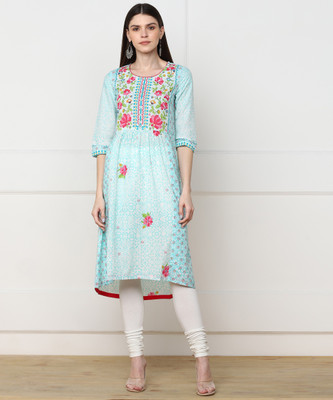 biba-women-floral-print-high-low-kurtablue