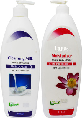 LILIUM Regular Moisturizer Face & Body Lotion with Cleansing Milk, 900ml Each(1800 ml)